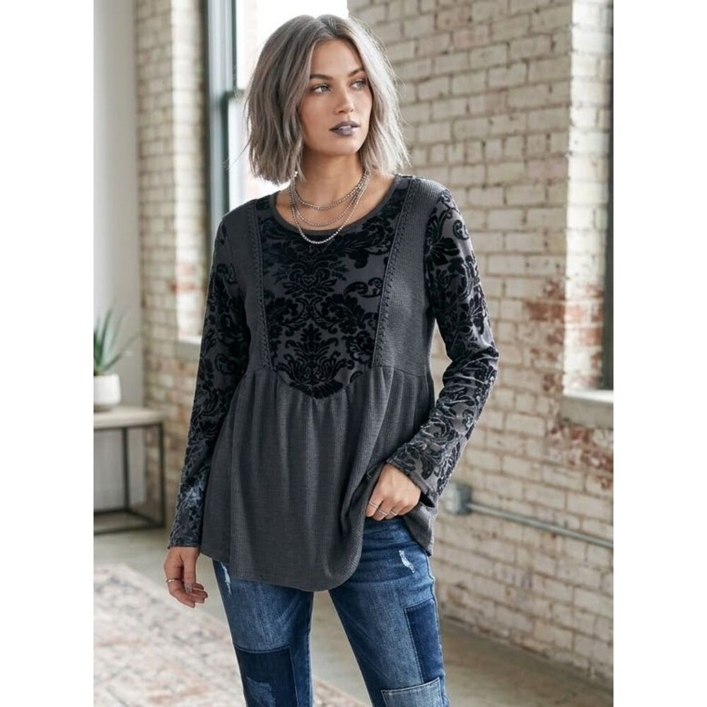 Burnout Velvet Tunic Top Thermal Knit Black Boho Oversize Sz. S  Bell Sleeves